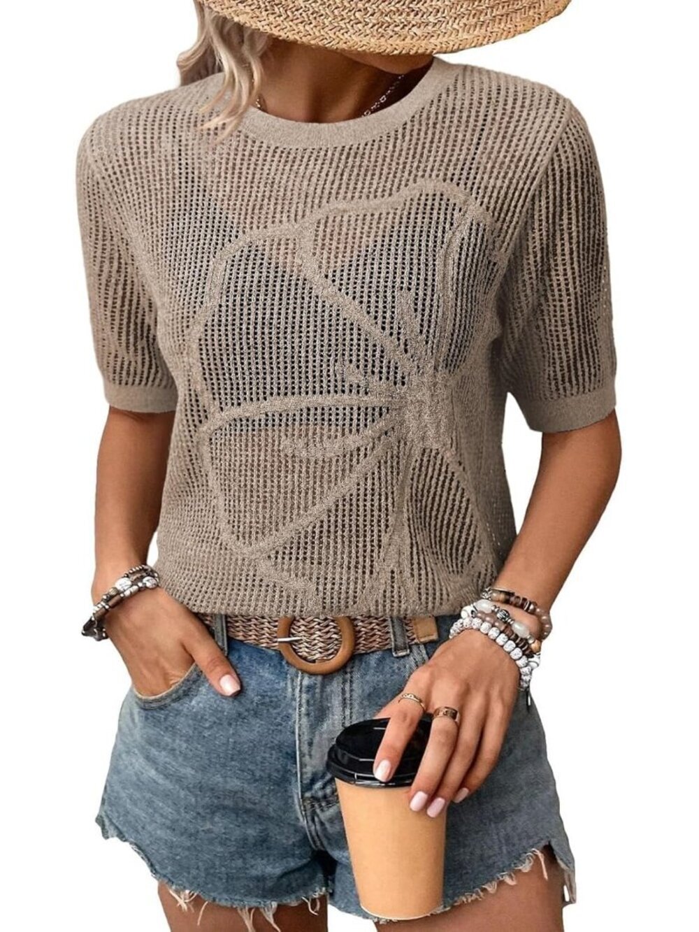 Women Brown Summer Short Hollow Out Floral Sweaters Beach Vacation Cruise Tops